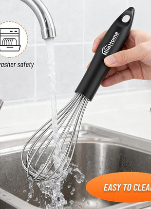 NileHome Silicone Whisk Set 8" 10" 12", 3 Pack Kitchen Whisk Kitchen Wisk Wire Whisks for Cooking, Whisking, Blending, Beating, Stirring-Black Silver