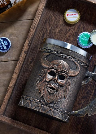 Arola Viking Axe Mug, Stainless Steel Horn Beer Cup, Viking Warrior Skull Cup Tankard, Drinking Cup Coffee Beer Steins,Medieval Skull Drinkware Mug for Coffee/Beverage/Juice17oz Gift for Men