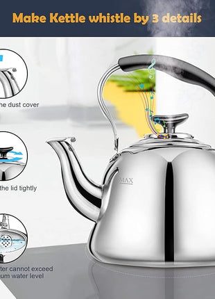 Tea Kettle Stovetop Whistling Teakettle ClassicTeapot Stainless Steel Tea Pots for Stove Top with Heat-resistant Folding Handle Mirror Finish, 2 liters