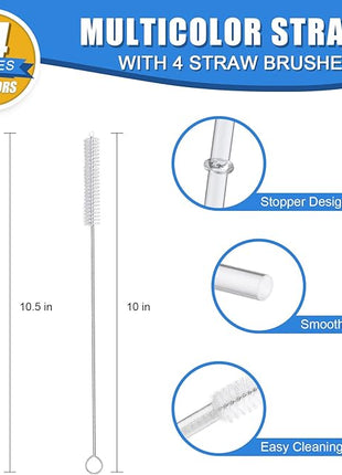 24 PCS, Reusable Straws with 4 Brushes, 10.5" Long Tritan Hard Plastic Straws, 12 Colors Translucent Replacement Drinking for 16OZ-32 OZ Tumblers, Cups, Jars, Stanley, YETI, Starbucks, BPA Free