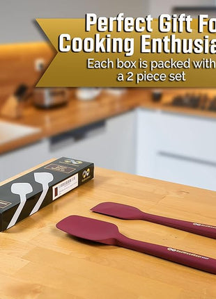 Premium 600F Heat Resistant Silicone Spatula 2 Set Sturdy Handle Created for Cooking, Baking and Mixing, One Piece Design, Non-Stick, Strong Stainless Steel Core (Red Dahlia)