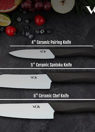 Vos Ceramic Knife Set in Elegant Gift Box, Ceramic Knives Set For Kitchen, Ultra Sharp Kitchen Knife Set with Covers, 4" 5" 6" Paring, Santoku & Chef Knife, Lightweight, Dishwasher safe (Black Handle)