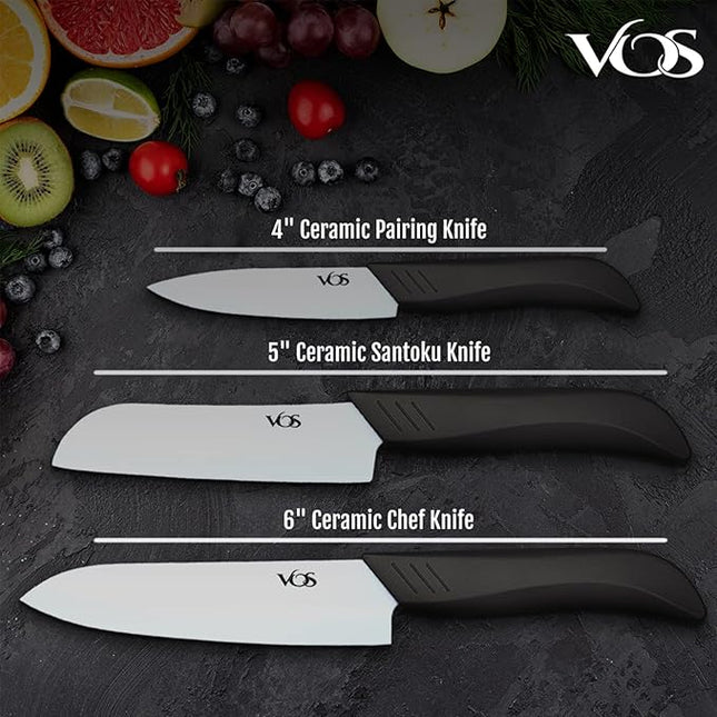 Vos Ceramic Knife Set in Elegant Gift Box, Ceramic Knives Set For Kitchen, Ultra Sharp Kitchen Knife Set with Covers, 4" 5" 6" Paring, Santoku & Chef Knife, Lightweight, Dishwasher safe (Black Handle)
