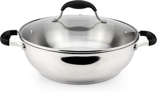 AVACRAFT 18/10 Stainless Steel Everyday Pan, Stir Fry, Five-Ply Base, Glass Lid, Multipurpose Stewpot Skillet, Saute, Casserole (11" Top Diameter, 8" Base Diameter)