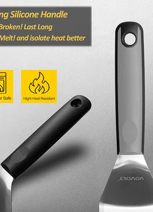 Stainless Steel Spatula Set With Full Tang Silicone Handle & Beveled Edges - Long Wide for Cast Iron Griddle BBQ Flat Top Grill, Pancake, Smash Burgers