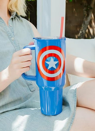 Silver Buffalo Marvel Captain America Shield Stainless Steel Tumbler with Handle and Straw, Fits in Standard Cup Holder, 40 Ounces