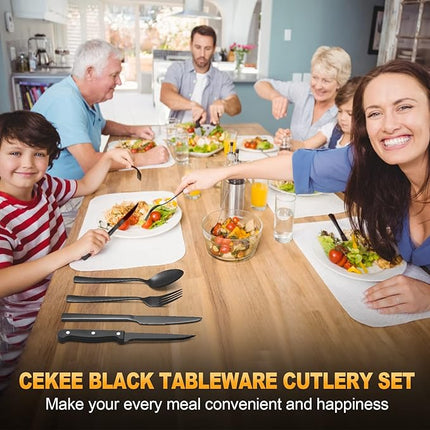 CEKEE 24 Piece Silverware Set for 4 With Steak Knives, Stainless Steel Black Flatware, Utensils, Tableware Cutlery for Home & Kitchen, Hand Wash Recommended