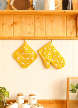 Oven Mitts and Potholders BBQ Gloves-Oven Mitts and Pot Holders with Recycled Infill Silicone Non-Slip Cooking Gloves for Cooking Baking Grilling (4-Piece Set,Yellow)