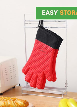 GEEKHOM BBQ Gloves Heat Resistant Oven Mitts - Silicone Grilling Gloves with 14" Long Arm Protection - Waterproof Pot Holder Non-Slip for Men & Women, Kitchen Cooking, Baking, Camping, Red
