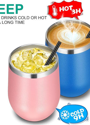 VEGOND Wine Tumblers Bulk 12 Pack, 12oz Stainless Steel Stemless Wine Glass with Lids and Straws, Double Wall Vacuum Insulated Tumbler Cup, Coffee Mug for Cold Hot Drinks