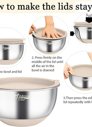 Wildone Mixing Bowls with Airtight Lids, 22 PCS Stainless Steel Nesting Bowls, with 3 Grater Attachments, Scale Marks & Non-Slip Bottom, Size 5, 4, 3, 2,1.5, 0.63QT, Ideal for Mixing & Prepping
