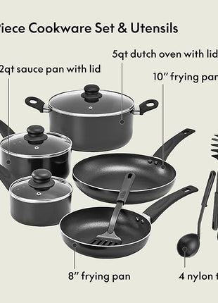 bella Cookware Set, 12 Piece Pots and Pans with Utensils, Nonstick PFOA Free Scratch Resistant Cooking Surface Compatible with All Stoves, Nylon and Aluminum, Black
