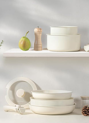 Chef Power Ceramic Cookware Set Non Toxic with Detachable Handles, Healthy Nonstick Pans and Pots Set 19 Pcs, Induction Dishwasher Oven Safe Kitchen Set, PFAS PFOA & PTFE Free, Cream White