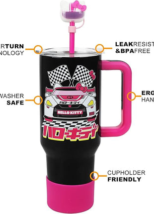 Bioworld Hello Kitty Race Car 40 Oz Black & Pink Stainless Steel Tumbler With Handle