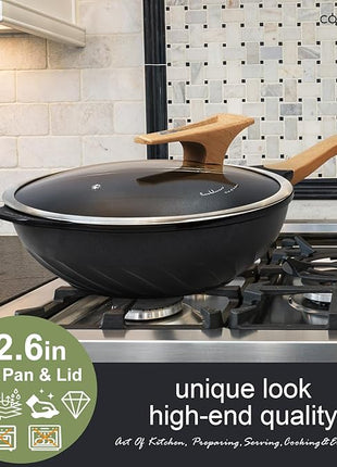 COOKLOVER Nonstick Woks And Stir Fry Pans Die-cast Aluminum Scratch Resistant 100% PFOA Free Induction Wok pan with Lid 12.6 Inch - BK