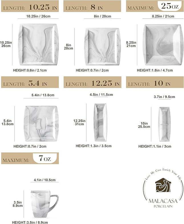 MALACASA Dinnerware Sets, 32 Pieces Porcelain Plates and Bowls Sets for 6, Marble Grey Dishes with Plates and Bowls, Cups and Saucers, Side Dish Plates, Square Dinner Set, Series Blance