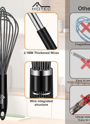 HOTEC 4 Pieces Silicone Whisks Set, Wire Balloon Whisks Egg Beater, Non-slip Handle Whisk for Non-stick Cookware Perfect for Cooking, Stirring, Beating and Blending (Black)