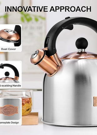 SUSTEAS Tea Kettle - 3.17QT Whistling Kettle with Ergonomic Handle - Premium Stainless Steel Tea Pots for Stove Top, Chic Vintage Teapot with Composite Base, Work for All Stovetops (Silver)