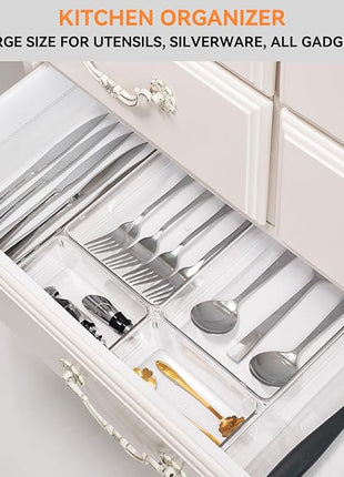 Criusia 8 Pack Drawer Organizer for Kitchen Gadgets, Large Clear Plastic Drawer Divider for Kitchen Accessories, Bathroom Organizers and Storage, Home Essentials for Makeup and Vanity Accessories