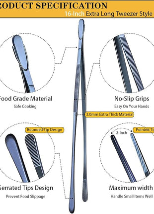 JETKONG 2 Pcs 16-Inch Heavy Duty Cooking Tweezers Extra Long Stainless Steel Kitchen Tweezers Large Plating Tongs (Navy Blue)