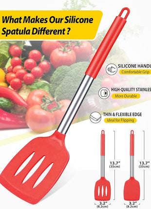 Pack of 2 Silicone Solid Turner, Non Stick Slotted Kitchen Spatulas, High Heat Resistant BPA Free Cooking Utensils, Ideal Cookware for Fish, Eggs, Pancakes(Red)
