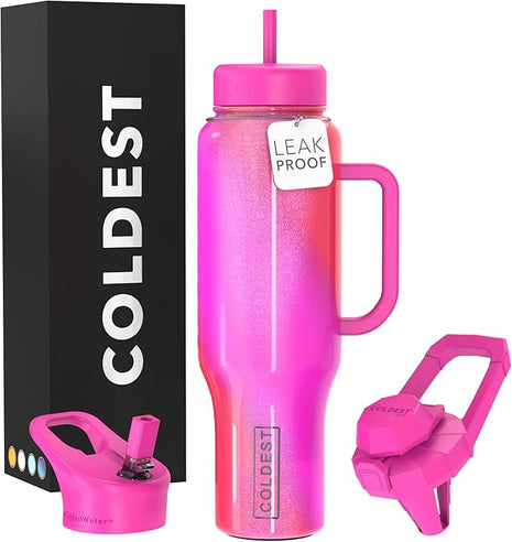 Coldest Tumbler with Handle and Straw, 100% Spill Proof Tumbler with Straw (3 Lids), Stainless Steel Insulated Leakproof Tumblers for Women Men, Cup Holder Friendly, 46 oz (Kissed Dream)