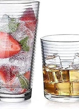 Glaver's Drinking Glasses Set of 12. Everyday Drinking Glasses. Mixed Drinkware Sets 6-17 oz Tall Kitchen Glass Cups, and 6-13 Oz Rocks Glasses. Ribbed Glassware Sets for Cocktail Beer Juice Water.