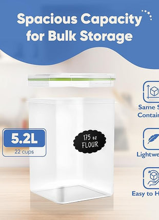 Chef's Path Kitchen Storage Box Set of 4 Extra Large Airtight Food Storage Jars for Sugar Flour Cereal Rice - Measuring Spoons, Pen and Food Preservation Labels (5.2 L)