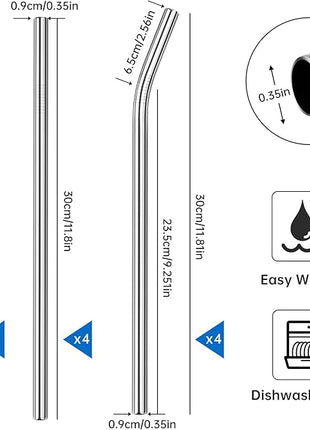 Tomorotec 8PCS 12" Stainless Steel Straws 4 Bent & 4 Straight for 40oz Stanley Tumblers, Reusable Food-Grade Drinking Straws with Cleaning Brush for Smoothies, Milkshakes, Iced Coffee, Dishwasher Safe