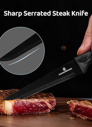 G.a HOMEFAVOR Steak Knife Set: 8-Piece Stainless Steel Sharp Serrated Knives Set for Kitchen, Full Black