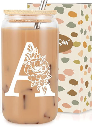 Coolife Initial Glass Cup, Monogrammed Gifts for Women, 16 oz Glass Cups w/Lids Straws, Iced Coffee Smoothie Beer Tumbler w/Straw Lid - Personalized Christmas, Birthday Gifts for Her Mom Friend Woman
