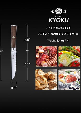 KYOKU 5 Inch Steak Knife Set of 4 - Daimyo Series Japanese 440C Stainless Steel Serrated Steak Knives - Ergonomic Rosewood Handles Mosaic Pins - with Sheaths & Case