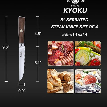 KYOKU 5 Inch Steak Knife Set of 4 - Daimyo Series Japanese 440C Stainless Steel Serrated Steak Knives - Ergonomic Rosewood Handles Mosaic Pins - with Sheaths & Case