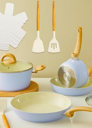 Blue Non Stick Pots and Pans Set, Healthy Ceramic Cookware Set, 12pcs Kitchen Cooking Pots and Frying Sauce Saute Pans Set, PFAS-Free with Kitchen Utensils and Lid