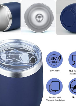 MEZMUT 12 Oz Insulated Wine Tumbler with Lid Double Wall Vacuum Stainless Steel Wine Glass Coffee Mug Insulated Tumbler Cup for Champaign, Cocktail, Beer (Navy, 4 Pack)