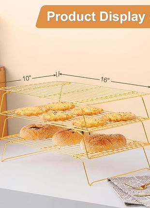 Cooling Rack for Baking 3 Tiers, 16" x 10" Cookie Cooling Wire Rack Stackable Collapsible Nonstick, Stainless Steel Baking Cooking Cooling Racks with Optimum Air Flow, Gold