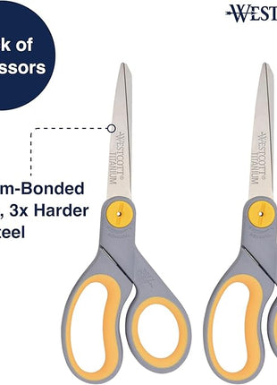 Westcott 8-Inch Titanium-Bonded Scissors with Adjustable Glide Feature for Office and Home - Gray/Yellow, 2-Pack
