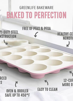 GreenLife 12-Cup Muffin Pan, PFAS-Free Healthy Nonstick Baking Tray, 11.4" x 1.9" x 15.9", Durable Ceramic Bakeware, Cupcakes, Egg Bites, Tarts, Brownies, Pink