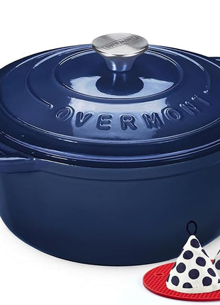 Overmont Enameled Cast Iron Dutch Oven - 5.5QT Pot with Lid Cookbook & Cotton Potholders - Heavy-Duty Cookware for Braising, Stews, Roasting, Bread Baking Indigo Blue