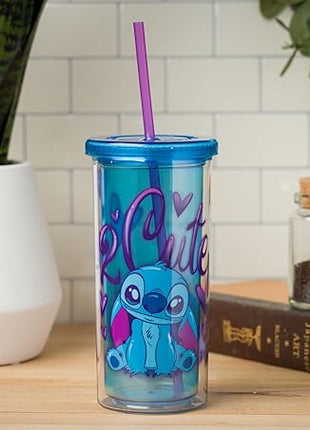 Silver Buffalo Disney Lilo and Stitch “2 Cute” Plastic Tall Cold Cup with Lid and Straw, 20 Ounces