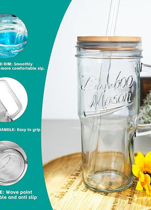 ANOTION Glass Cups with Lids and Straws - 24 oz Tumbler with Handle Christmas Coffee Cups Glass Straws Mason Jar Cups Drinking Set Kitchen Essentials Coffee Bar House Warming Gifts New Home