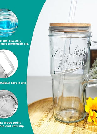 ANOTION Glass Cups with Lids and Straws - 24oz Tumbler with Handle Coffee Cups Glass Straws Glasses Mason Jar Cups Drinking Set Kitchen Essentials Coffee Bar Accessories House Warming Gifts New Home