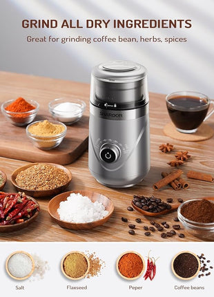 SHARDOR Electric Super Silent Blade Coffee Grinder, Timed Grind Control Rotary Knob, Adjustable Coarse to Fine for Coffee Beans, Spices & Herbs, with 1 Removable Stainless Steel Bowl, Sliver