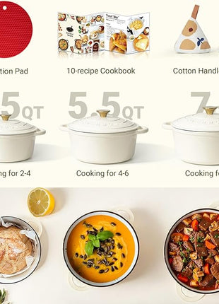 Overmont Enameled Cast Iron Dutch Oven - 4.5QT Pot with Lid Cookbook & Cotton Potholders - Heavy-Duty Cookware for Braising, Stews, Roasting, Bread Baking Cream White