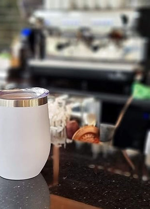 CHILLOUT LIFE 12 oz Stainless Steel Wine Tumblers 2 Pack - Double Wall Vacuum Insulated Wine Glasses Cups with Lids and Straws Set Keeping Cold & Hot for Coffee, Beer, Ice Cream - Powder Coated White