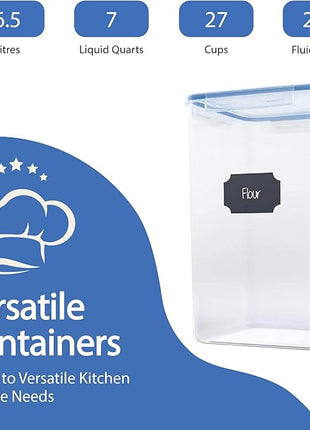 Chef's Path Extra Large Airtight Food Storage Containers with Blue Lid Color, Pack of 6, Kitchen and Pantry Canisters for Flour, Sugar, and Baking Supplies, Includes Measuring Spoons, Labels, and Pen