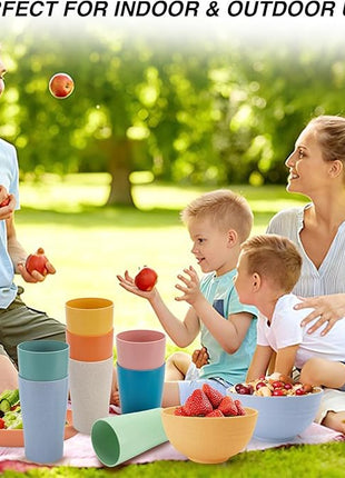 Wheat Straw Cup Set of 8, Reusable Plastic Drinking Cups for Kitchen, Camping, Unbreakable Drinking Glasses Set, BPA Free Water Tumblers for Milk, Coffee, Juice, Dishwasher & Microwave Safe, 12oz