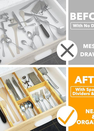 SpaceAid Bamboo Drawer Dividers with Inserts and Labels, Kitchen Adjustable Drawer Organizers, Expandable Organization for Home, Office, Dressers, 4 Dividers with 9 Inserts (17"-22" Natural)