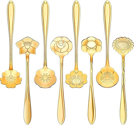 Chengu 8 Pieces Flower Coffee Tea Spoons Stainless Steel Sugar Spoons Tea Party Flower Fancy Tableware Set Stir Bar Creative Stirring Teaspoon, 8 Different Patterns(Gold)