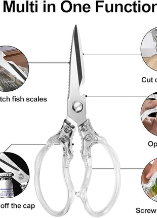 CGBE Kitchen Scissors, Multi-Purpose Kitchen Shears, Heavy Duty Dishwasher Safe Food Scissors for Chicken, Poultry, Fish, Meat & Herbs with Non-Slip Grips (Transparent)